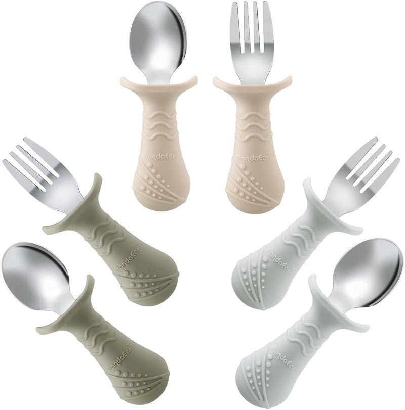 PandaEar Baby Toddler Fork and Spoon Utensil Set, 6 Pack Silicone Stainless Steel Silverware Spoon Fork for Babies Toddler, BPA Free with Silicone Holding Anti-Choke Design (Light Tan&Walnut&Grey) - Image 1